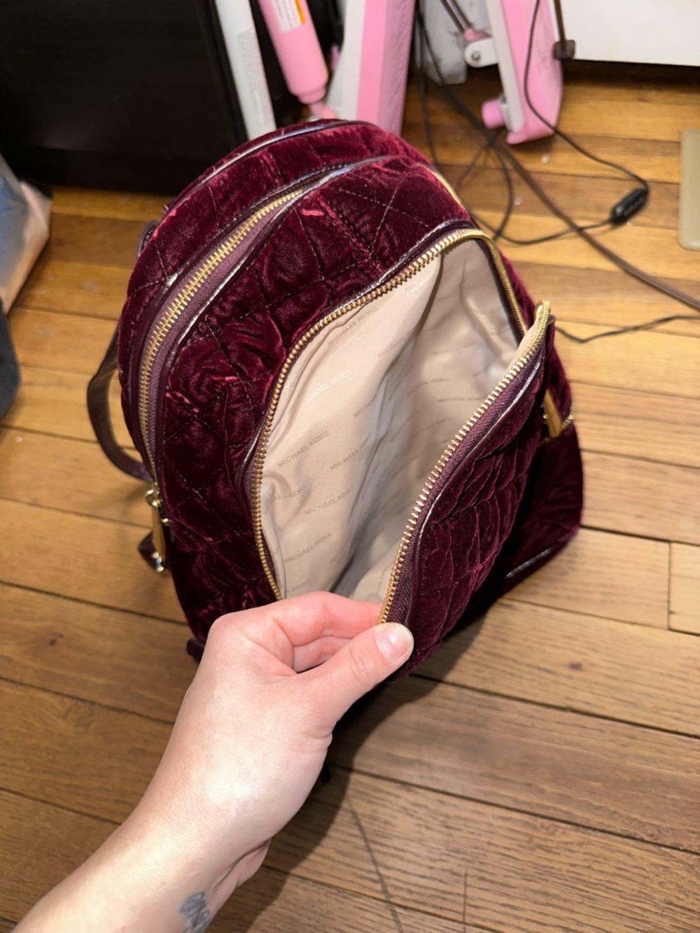 Michael Kors Quilted Velvet Wine Backpack with Gold Hardware - Picture 8 of 12